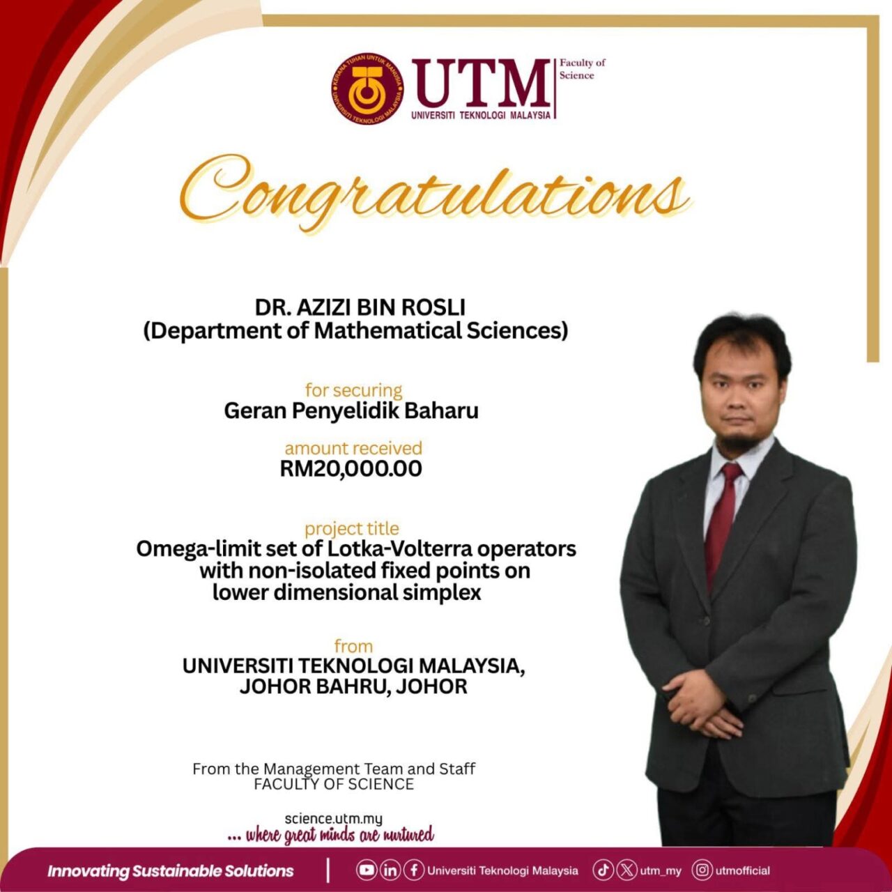 UTM FS Researcher Awarded New Grant to Advance Mathematical Modelling ...